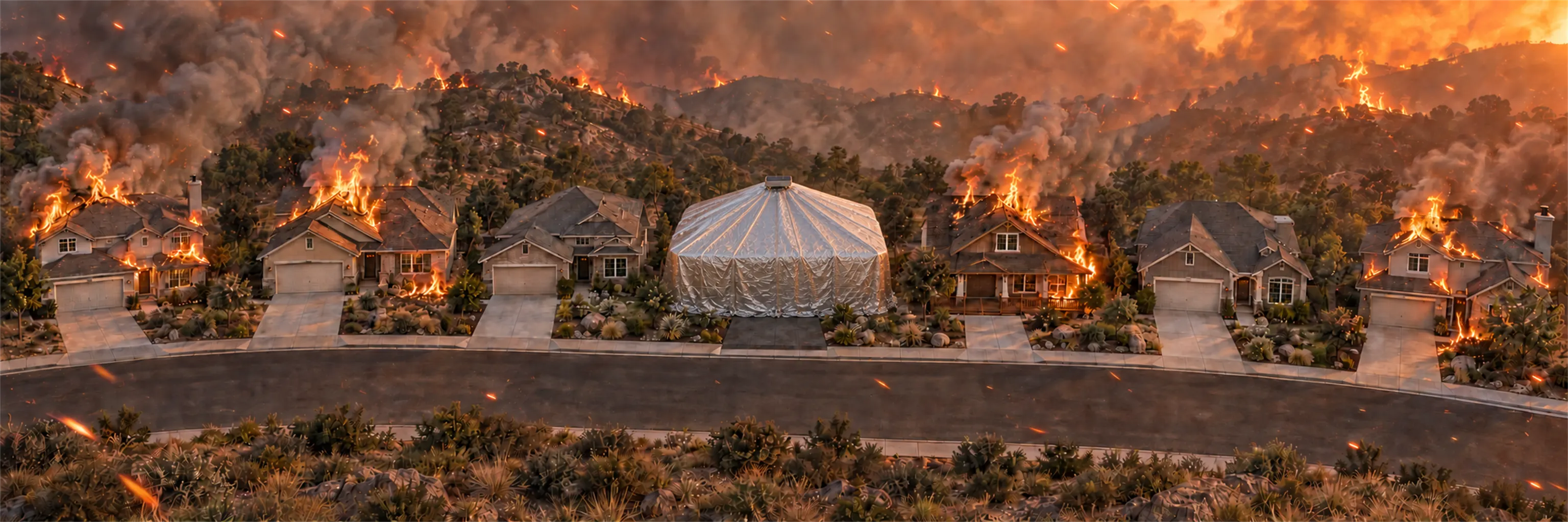Neighborhood wildfire visualization with multiple exposed homes and one home enclosed by a silver PyroVeil system